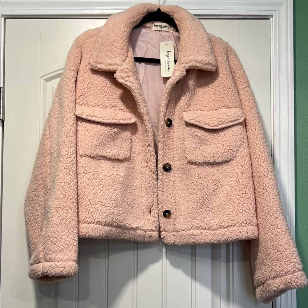 Impressions Cozy Pink Teddy Jacket with Button Front